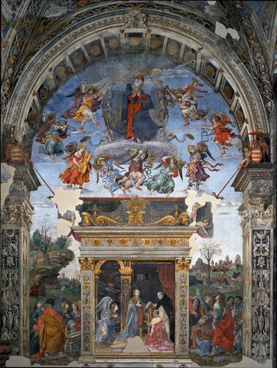 Assunção da Virgem e abaixo de São Tomás de Aquino que apresenta a Maria o Cardeal Oliviero Carafa Fresco por Filipino Lippi (1457-1504) 1488-1492 Roma, Igreja Santa Maria sopra Minerva, Capela Carafa Itália de Filippino Lippi