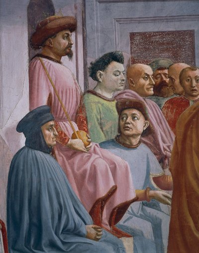 Milagre de Teófilo, detalhe de A Criação do Filho de Teófilo, por Tommaso Masaccio, fresco de Filippino Lippi