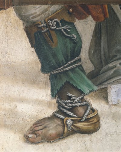 São João Evangelista Ressuscitando Drusiana por Filippino Lippi, detalhe de calçado, fresco de Filippino Lippi