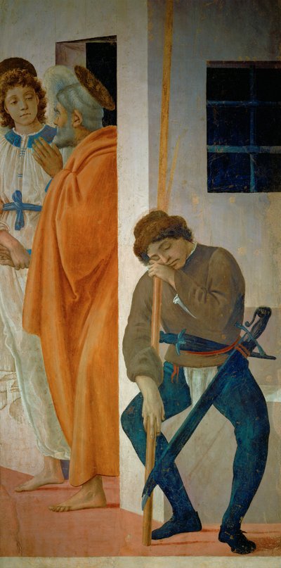 São Pedro conduzido da prisão por um anjo, passando por um dos guardas adormecidos do rei Herodes (fresco) de Filippino Lippi