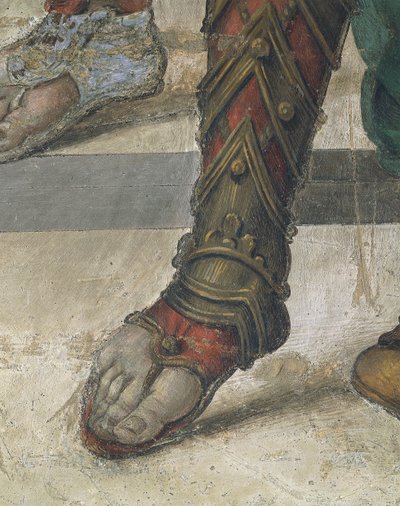 São Filipe Dragão Condutor do Templo de Hieropolis por Filippino Lippi, detalhe do calçado, fresco de Filippino Lippi