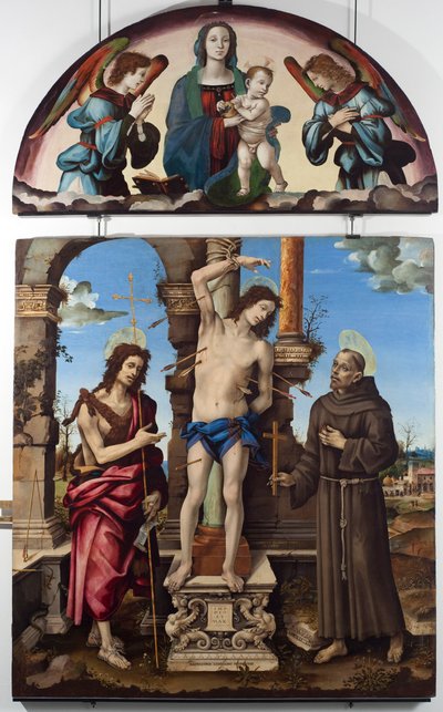 São Sebastião rodeado por São João Batista e São François de Assis Painel Central. Virgem alta tem filho. Pintura sobre madeira por Filippo Lippi (1451-1504) Dim. 298x185 cm Musei di Strada Nuova (ex Palazzo Bianco), Genes de Filippino Lippi