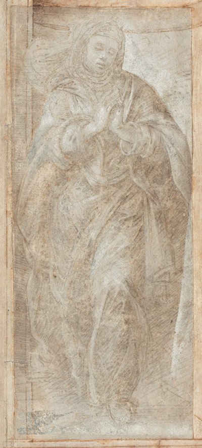 Mulher em pé com as mãos entrelaçadas em oração de Filippino Lippi