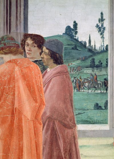 A Disputa com Simon Mago e a Crucificação de São Pedro Detalhe de três figuras observando a Crucificação, retrato central que se acredita ser do professor de Filippinos, Botticelli, c.1480 afrescos também de Filippino Lippi