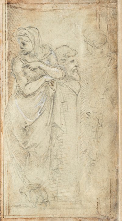 Duas mulheres drapejadas em pé de cada lado de uma herm de Filippino Lippi