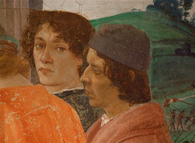 Dois jovens a ver a crucificação de São Pedro (pintura mural) de Filippino Lippi