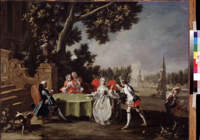"O Jogo de Cartas" Um grupo de nobres italianos a jogar às cartas num jardim. Pintura de Filippo Falciatore (1718-1768) Museu Pushkin do século XVIII, Moscovo de Filippo Falciatore