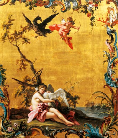 Leda and the Swan, de Filippo Falciatore (activo 1737-1768), óleo sobre painel. de Filippo Falciatore