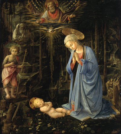 A Virgem adorando o Menino / A adoração na floresta, A Sagrada Família com o jovem São João de Filippo Lippi