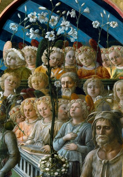 A coroação da Virgem Pormenor dos anjos coristas com flores de lírios. O personagem abaixo à direita é São João Batista padroeiro de Florença. Pintura de Filippo Lippi (1457-1504) de Filippo Lippi
