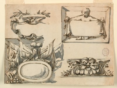 Desenho, Um escudo, um troféu, uma etiqueta, um motivo decorativo para um friso, 1750-75 de Filippo Marchionni