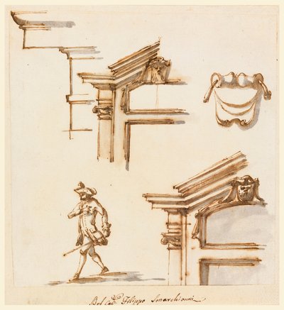 Desenho, pormenores arquitectónicos e estudo de figuras, 1760-75 de Filippo Marchionni