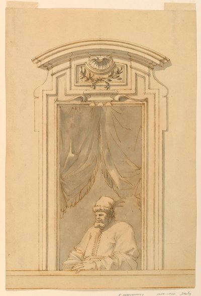 Desenho, Caixa de janela e metade de uma figura de um turco, 1750-70 de Filippo Marchionni