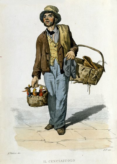 Pequeno negócio da cidade de Nápoles: o cenciauolo. Era uma personagem que recolhia tecidos e roupas velhas que trocava por pedaços de sabão. Gravura a partir de uma pintura de F. Palizza. De uma obra de Francesco de Bourcard "Costumi del regno di Na de Filippo Palizzi