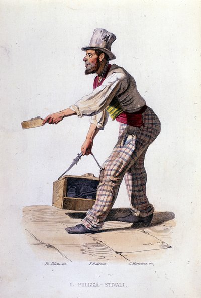Pequeno comércio da cidade de Nápoles: o engraxador de sapatos. Gravura a partir de uma pintura de F. Palizza. De uma obra de Francesco de Bourcard "Costumi del regno di Napoli" de Filippo Palizzi