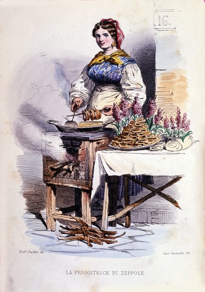 Pequeno comércio da cidade de Nápoles: vendedora ambulante de zeppolle, specialite patissiere de Nápoles. Gravura a partir de uma pintura de F. Palizza. De uma obra de Francesco de Bourcard "Costumi del regno di Napoli" de Filippo Palizzi