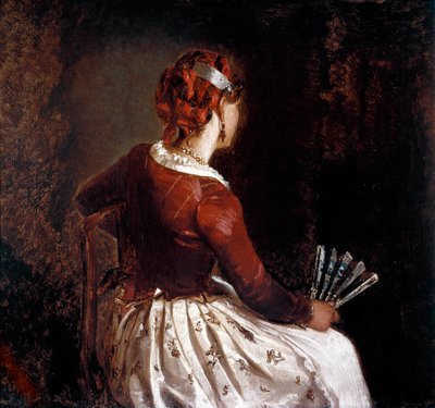 A mulher tem o ventilador. Retrato de uma mulher sentada voltada para trás usando um avental, uma saia com flores e fitas vermelhas no cabelo e uma ventoinha na mão. Pintura de Filippo Palizzi (1818-99). Roma, Galleria d