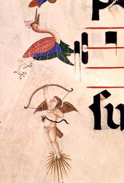 Missal 515 f.5r A Cherub disparando uma cegonha com um arco e flecha invisível, detalhe da margem decorativa de um Livro Coral executado antes de 1449 (vellum) de Filippo di Matteo Torelli