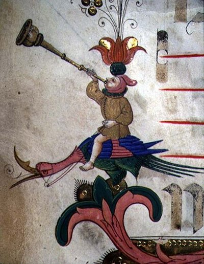 Missal 515 f.9r Figura soprando um chifre, montado em um pássaro aproveitado, detalhe da borda decorativa de um livro de coros executado antes de 1449 (detalhe de 88907) de Filippo di Matteo Torelli
