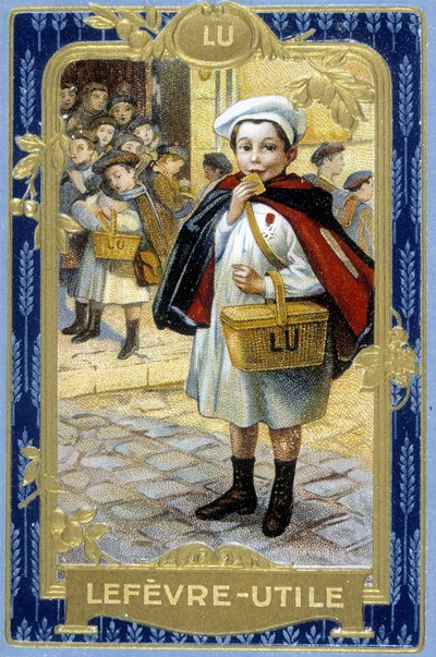 Publicidade do cookie "Lefèvre-Useful": Lu" (o rapaz da escola). sd. Cromolitografia do século XIX com base no desenho original de Firmin Bouisset. de Firmin (after) Bouisset