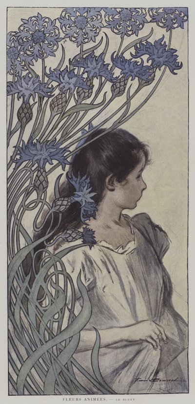 Fleurs Animees. Le Bluet. (Flores Animadas: a Flor de Milho) (cor litho) de Firmin (after) Bouisset