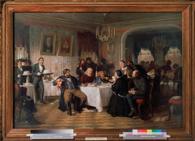 Banquete fúnebre do comerciante - Pintura de Firs Sergeevich Zhuraviev (1836-1901), óleo sobre tela, por volta de 1870, arte russa do século XIX - Galeria Estatal Tretyakov, Moscou de Firs Sergeevich Zhuravlev