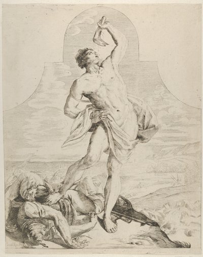 Sansão segurando a mandíbula de um jumento sobre a cabeça e de pé ao lado do Philis..., ca. 1640-60. de Flaminio Torre
