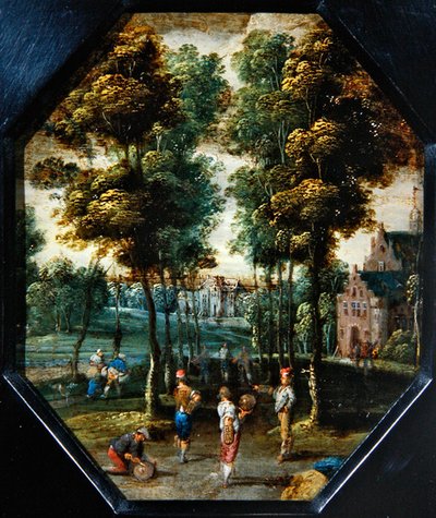 Uma cena da Kermesse numa aldeia perto de um rio (óleo sobre cobre, octogonal) de Flemish School