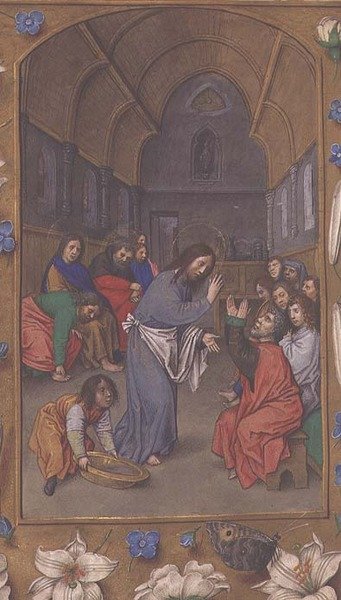 Adicional 54782, f.265v: Cristo lavando os pés dos discípulos, das Horas de Hastings, c.1475-83 (velino) de Flemish School