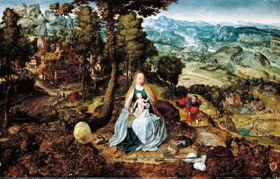 Uma paisagem extensa com O resto da fuga para o Egito, escola de Antuérpia, c.1520 de Flemish School