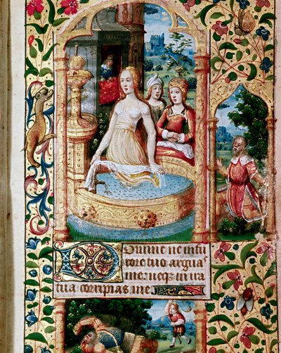 Bethsabee no banho é espiada pelo Rei David Page da escola flamenga do início do século XVI. de Flemish School
