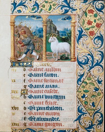 Calendário, o mês de Março, um camponês semeador e o campanário. Página tirada de um livro de horas ms. 47, iluminado pela escola flamenga. Século XVI Badia de 