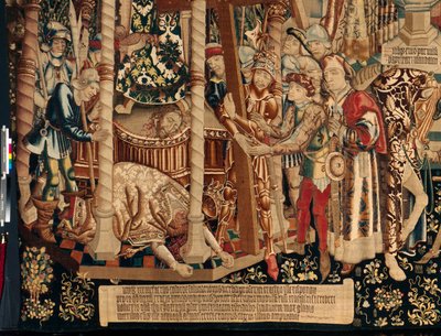 Catedral (La Seo. Ca tedral del Salvador de Zaragoza). O museu da tapeçaria. A tapeçaria flamenga. A lenda da Santa Cruz (La leyenda de la Santa Cruz, de legende van het Heilig Kruis). Detalhe. Ca. 1450. 430x1120cm. de Flemish School
