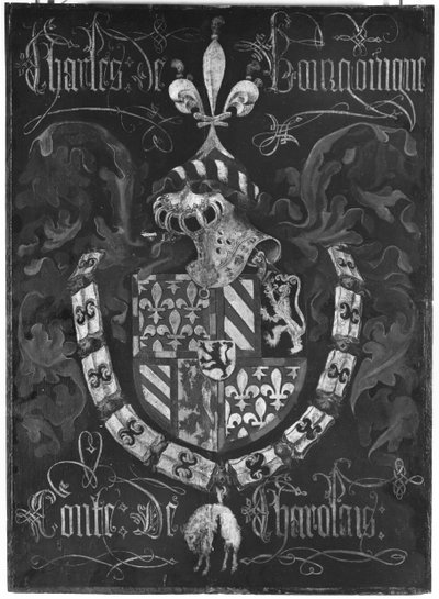 Brasão de Charles de Bourgogne (1433-77) Conde de Charolês, 3º Capítulo da Ordem do Tosão de Ouro, Dijon, 1433 de Flemish School