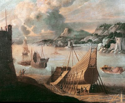 Construção de um galeão num estaleiro naval genovês (pintura de Flemish School
