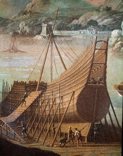 Construção de um galeão em um estaleiro naval em Gênova (Detalhe. Pintura de Flemish School