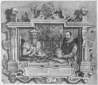 Retrato duplo de Gerard Mercator (1512-94) e Jodocus Hondius (1563-1612) gravado para inclusão na série de atlas de Mercator e Hondius, 1619 (ver também 10457 e 30866 de Flemish School