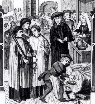 Dues on Wines, concedido ao Capítulo de Tournai pelo Rei Chilperico, depois de uma janela da Catedral de Tournai de Flemish School