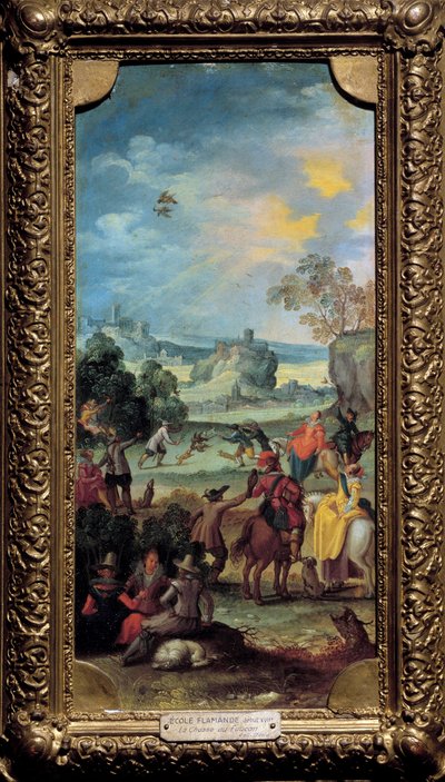 Caça ao Falcão Cena de caça e descanso no campo. Pintura da Escola Flamenga. O início do século XVII. Dijon, Museu de Belas Artes. de Flemish School
