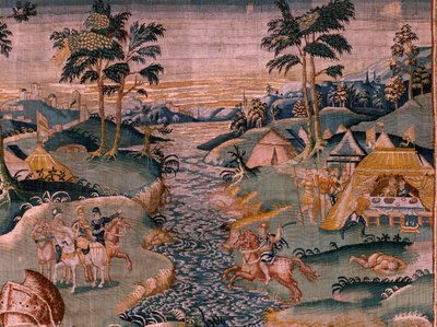 tapeçaria flamenga. Acampamento militar perto do rio Granikos. Atelier de Oudenaarde. 377x393cm. Inv 83104-9/00011. século 17. de Flemish School