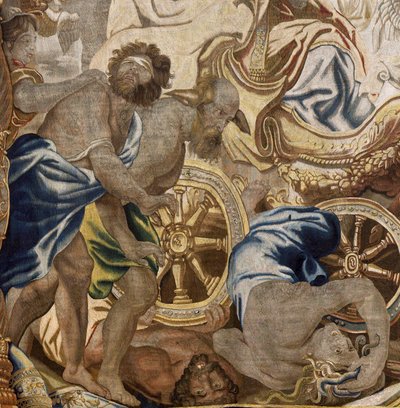 Tapeçaria flamenga. Série Apoteose da Eucaristia. Triunfo da Igreja (Triunfo de la Iglesia). Modelo de desenho animado copiado de um original de Rubens. Fabrico em Bruxelas. Fabrico por Frans van den Hecke. Meados do século XVII. Tecido Seda e lã, 7/8 urdi de Flemish School