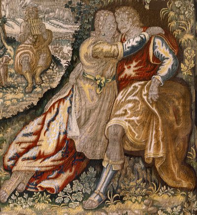tapeçaria flamenga. Série Gallantry (Galante). Casal com músico (Pareja com músico). Manufatura Bruxelas, início do século XVII. Tecido Seda e lã, 5/6 teias por cm. Tamanho 348 x 263 cm. Localização Igreja de San Millán de la Cogolla, Oncala (Soria). Orige de Flemish School