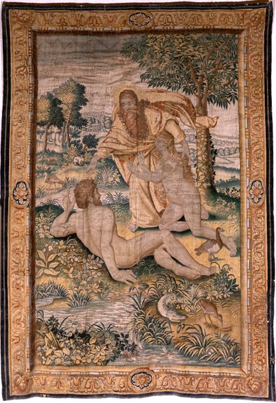 tapeçaria flamenga. Série Genesis ou O Homem da Criação. Deus cria a Mulher e a apresenta a Adão (Dios crea a la mujer y la presenta a Adán). Modelo baseado em Michiel Coxcie. Manufatura Jan Aerst em Bruxelas. Ca 1630. Tecido Seda e lã. de Flemish School