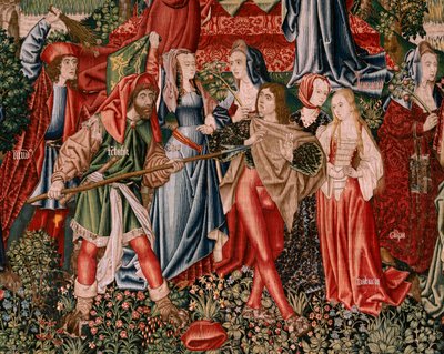 Tapeçaria flamenga. Série Redenção Humana ou Vícios e Virtudes. Os vícios levam o Homem ao pecado (Los Vicios conduen al Hombre al pecado). Segunda tapeçaria da série (primeira das mantidas em Palência. Fabrico de Bruxelas, oficina. Ca 1510. Tamanho 425 x  de Flemish School