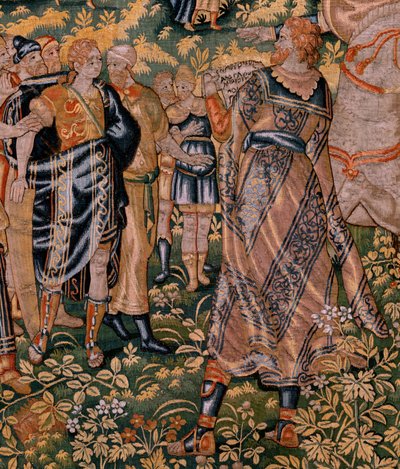 Tapeçaria flamenga. Série História de Cyrus. No II Astyages reconhece Cyrus (Ciro reconocido por Astiages). Anónimo, baseado em Michiel Coxcie. Atelier Antuérpia. Seda e lã. Ca 1590. de Flemish School