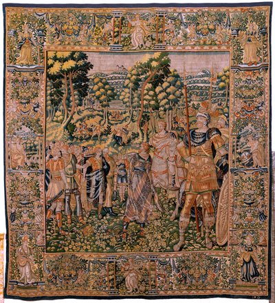 Tapeçaria flamenga. Série História de Cyrus. No II Astyages reconhece Cyrus (Ciro reconocido por Astiages). Anónimo, baseado em Michiel Coxcie. Atelier Antuérpia. Seda e lã. Ca 1590. de Flemish School