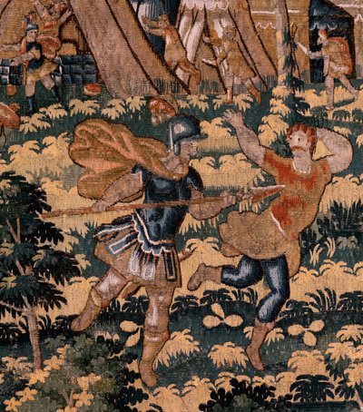 Tapeçaria flamenga. Série História de Cyrus. No V Combate entre dois guerreiros e a morte de Cyrus (Combate de dos guerreros y muerte de Ciro). Anónimo, baseado em Michiel Coxcie. Atelier Antuérpia. Seda e lã. Ca 1590. de Flemish School