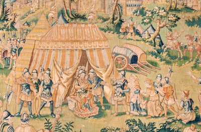Tapeçaria flamenga. Série O Livro de Judite. Judith perante Holofernes (Judith ante Holofernes). A quinta tapeçaria da série. Fabrico Holanda, Bruxelas(?). Segunda metade do século XVI. Lã de tecido. Localização Igreja de São Nicolau de Bari (mus de Flemish School
