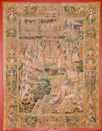 Tapeçaria flamenga. Série O Livro de Judite. Judith mostra a cabeça de Holofernes (Judith muestra la cabeza de Holofernes). A nona tapeçaria da série. Fabrico Holanda, Bruxelas(?). Segunda metade do século XVI. Lã de tecido. Localização Igreja de Saint de Flemish School