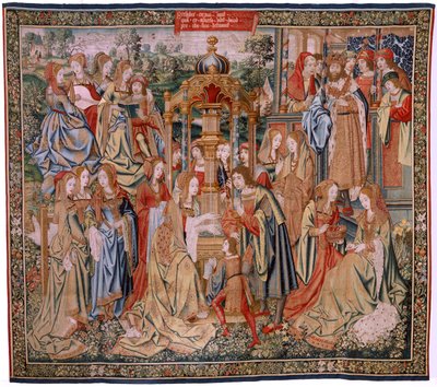 tapeçaria flamenga. Série A História de Davi e Bate-Seba. Bathseba em seu banho (Betsabé en el baño sorprendida por David). Primeiro painel da série. Modelo Anônimo. Fabricação Desconhecida, Bruxelas de Flemish School